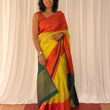 Mishrita Floral Border Organza Saree - Citron, Orange and Green