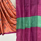 Veena Floral Tussar Saree - Peach and Violet