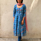 Blue Floral Cotton Kalidar Set
