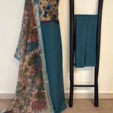Kalamkari Mirrorwork Cotton Kurta Set - Peacock Blue