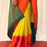 Mishrita Floral Border Organza Saree - Citron, Orange and Green