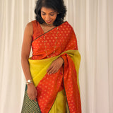 Mishrita Floral Border Organza Saree - Citron, Orange and Green