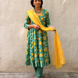 Green Floral Cotton Kalidar Set