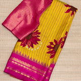 Sunflower Handprinted Gadwal Silk Saree – Yellow