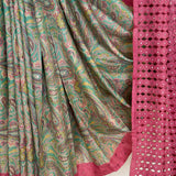 Jhaalar Floral Cutwork Tussar Saree - Blue and Pink