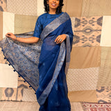 Fern Embroidered Organza Silk Saree - Navy
