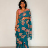 Fiza Leaf Chiffon Saree - Coral