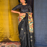 Kalpataru Half and Half Kalamkari Silk Saree - Black and Beige