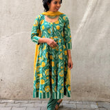 Green Floral Cotton Kalidar Set