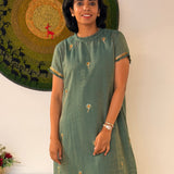 Green Tussar Embroidered Dress