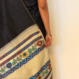 Kalpataru Floral Kalamkari Silk Saree - Black and Cream