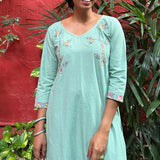 Tropical Blooms Applique Kurta Set - Pastel Green