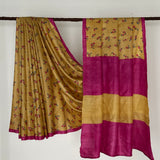 Veena Floral Tussar Saree - Yellow and Pink