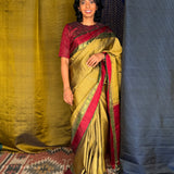 Haathee Crossing Offset Border Kanchi Silk Saree - Olive