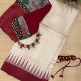 Temple Bordered Tussar Silk Saree - Maroon