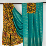 Kalpataru Floral Kalamkari Silk Saree - Yellow and Teal