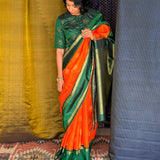 Mohana Kolam Kanchi Silk Saree - Orange and Green