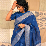 Fern Embroidered Organza Silk Saree - Navy
