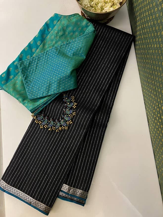 Alani Black silver striped kanchipuram silk saree