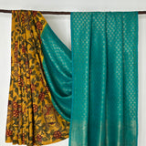 Kalpataru Floral Kalamkari Silk Saree - Yellow and Teal