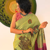 Kalpataru Ganesha Kalamkari Silk Saree - Green