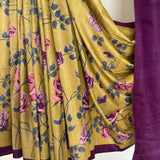 Veena Floral Tussar Saree - Citron and Purple
