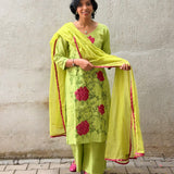Green Chanderi Applique Kurta Set