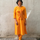 Yellow Chanderi Applique Kurta Set