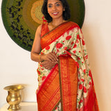 Floral Handprinted Gadwal Silk Saree – Red