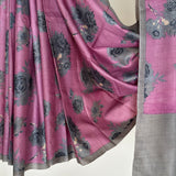 Veena Floral Tussar Saree - Lilac and Grey