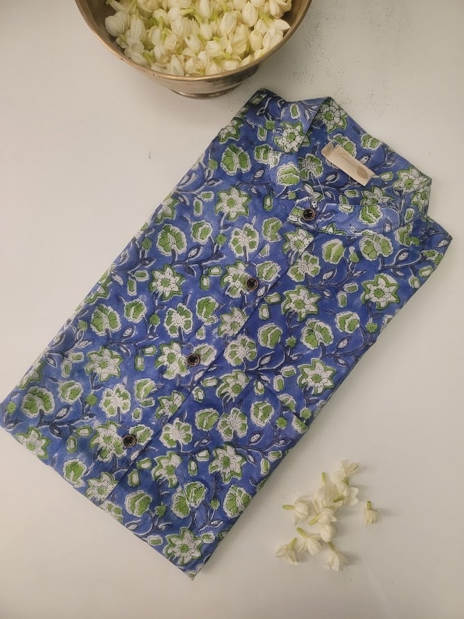 Blue green floral shirt