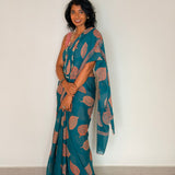 Fiza Leaf Chiffon Saree - Coral