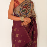 Kalpataru Half and Half Kalamkari Silk Saree - Maroon