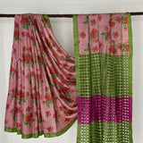 Jhaalar Floral Cutwork Tussar Saree - Pink and Green