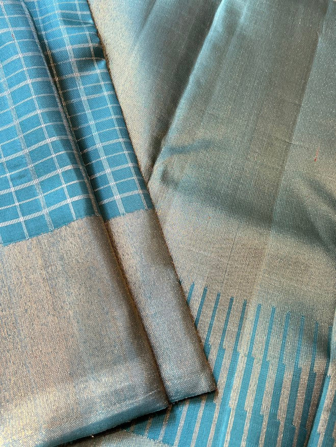 Charita Arctic blue gold silver checked kanchipuram silk saree 1