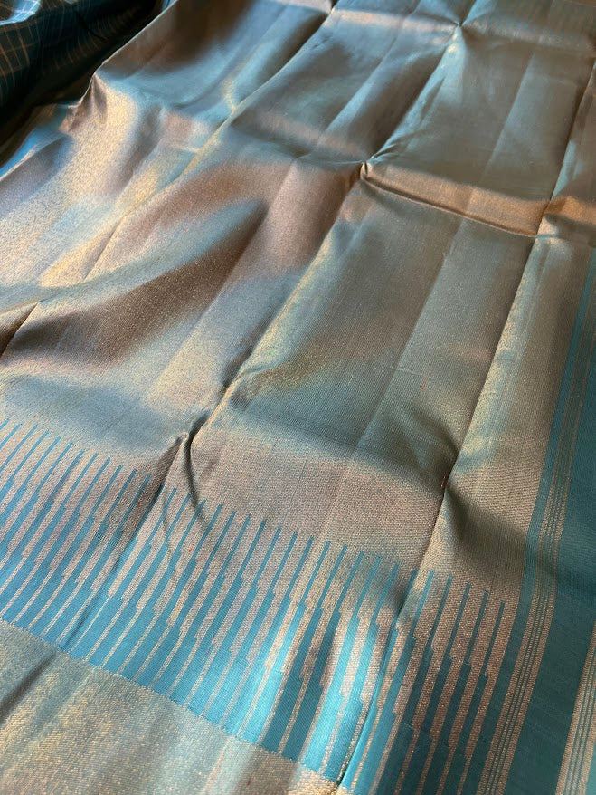 Charita Arctic blue gold silver checked kanchipuram silk saree 2