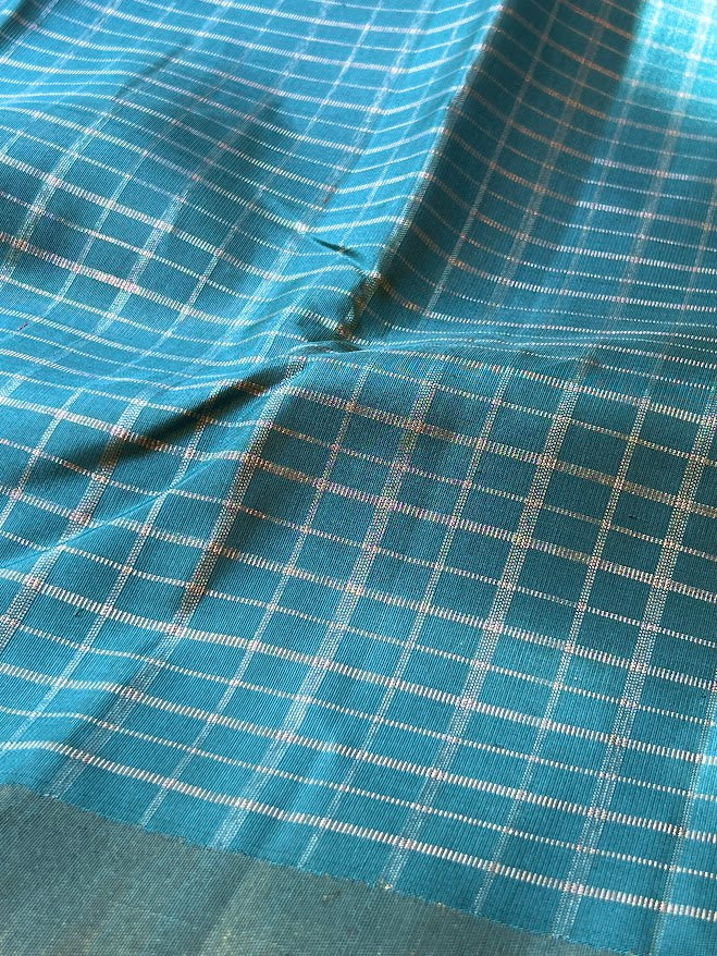 Charita Arctic blue gold silver checked kanchipuram silk saree 4