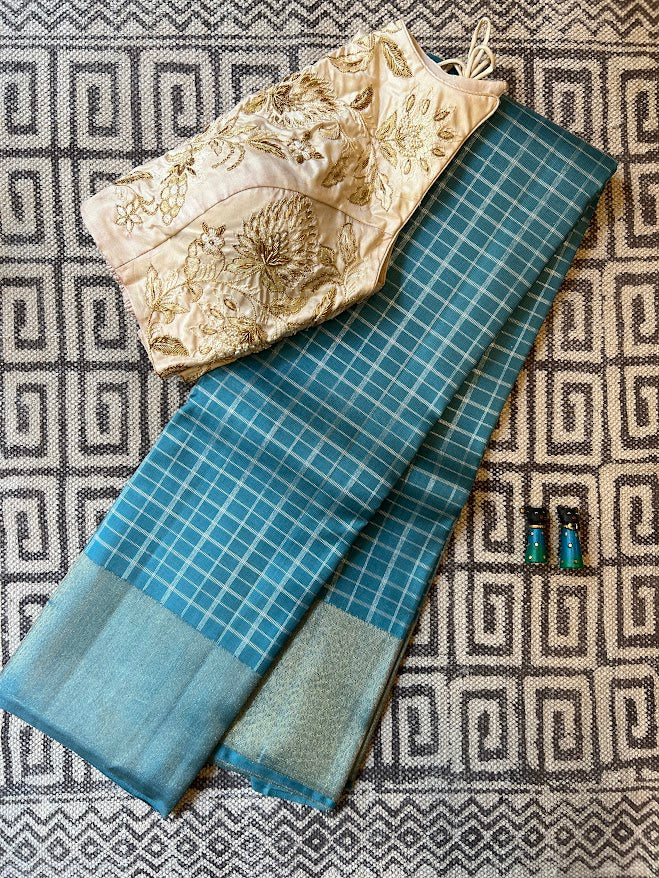 Charita Arctic blue gold silver checked kanchipuram silk saree