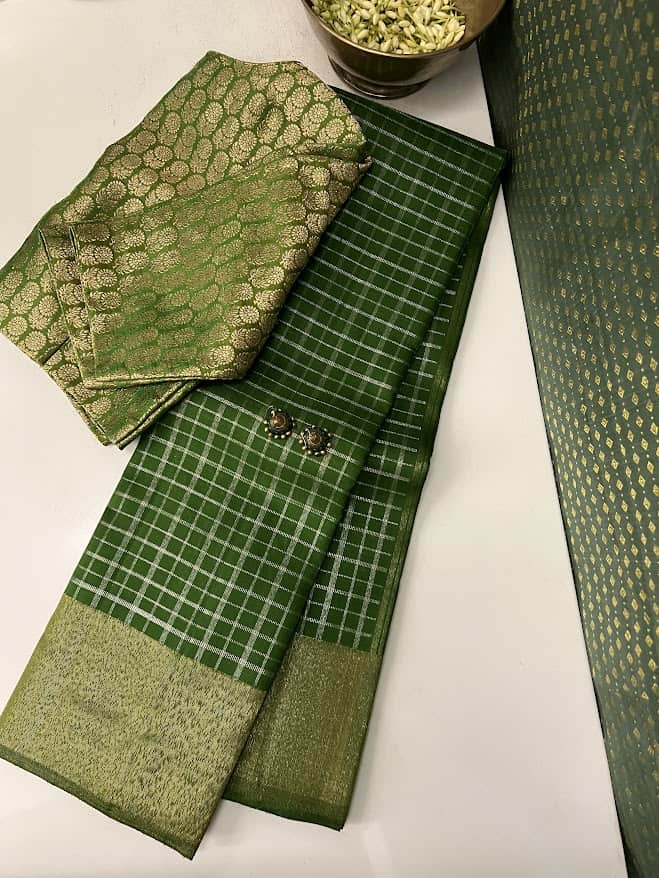 Charita Green gold silver checked kanchipuram silk saree