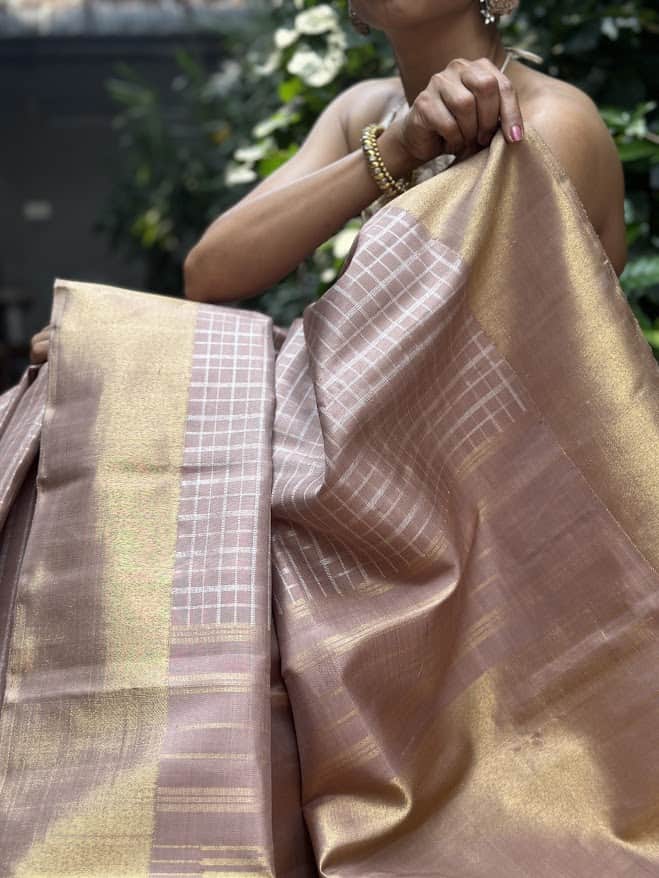 Charita champagne silver checked kanchipuram silk saree 2