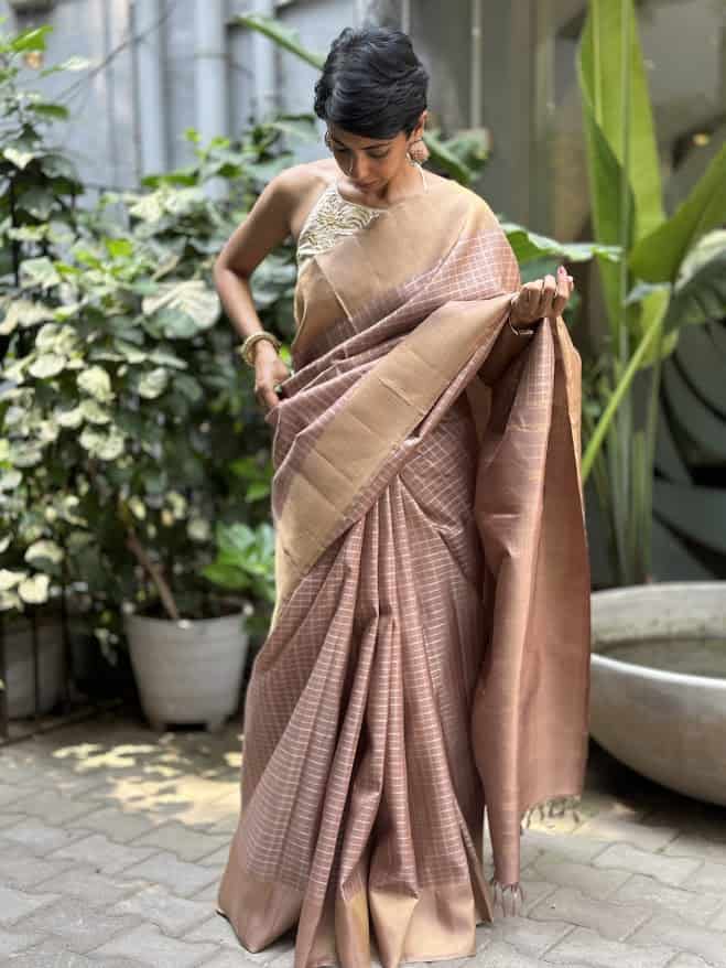 Charita champagne silver checked kanchipuram silk saree 4