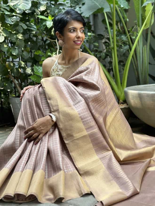 Charita champagne silver checked kanchipuram silk saree