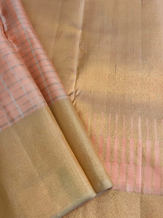 Charita peach sorbet checked kanchipuram silk saree 1