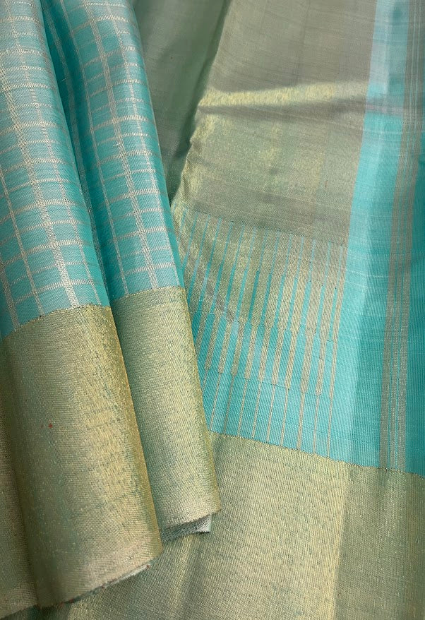 Charita turquoise gold silver checked kanchipuram silk saree 1