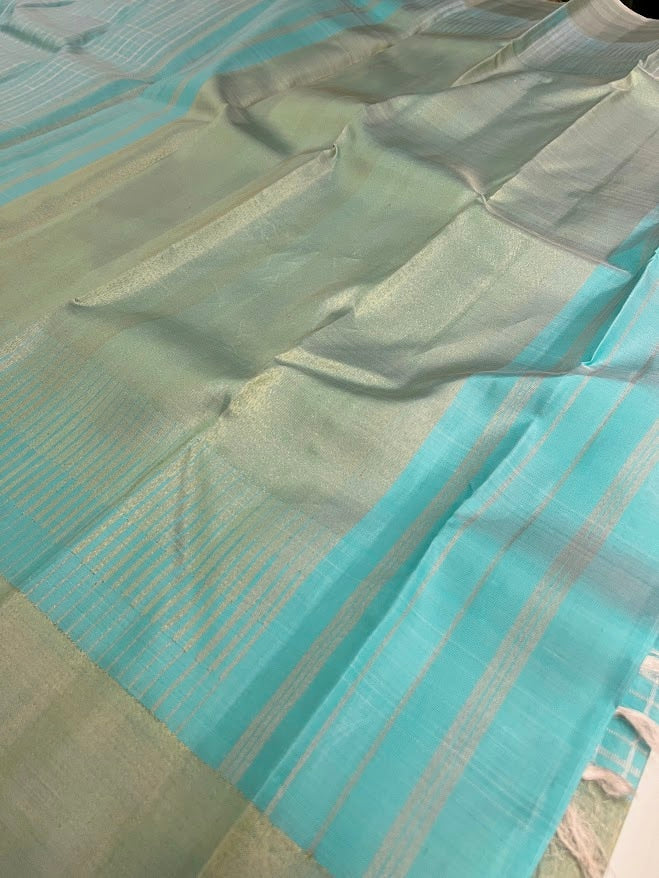 Charita turquoise gold silver checked kanchipuram silk saree 2