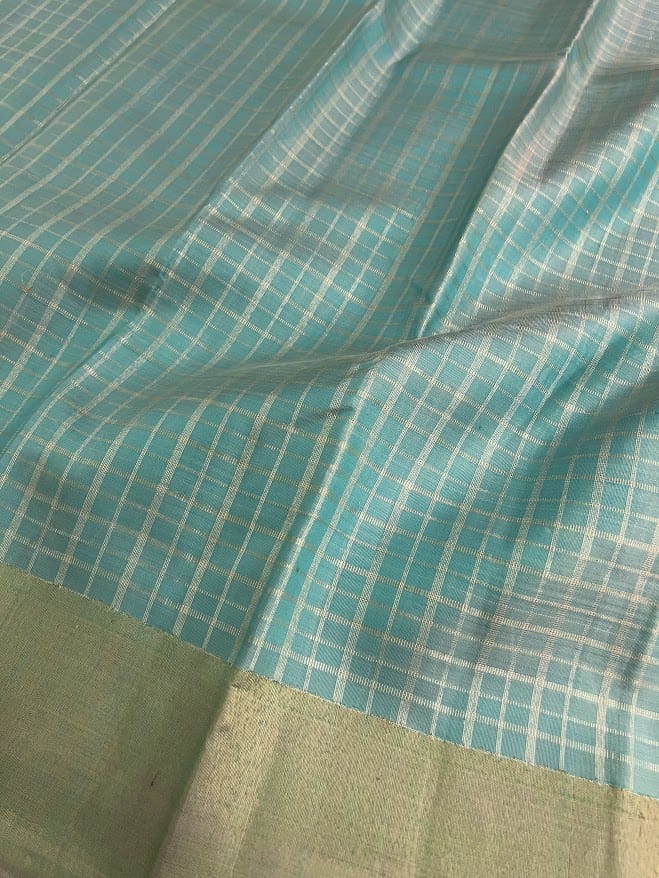 Charita turquoise gold silver checked kanchipuram silk saree 3