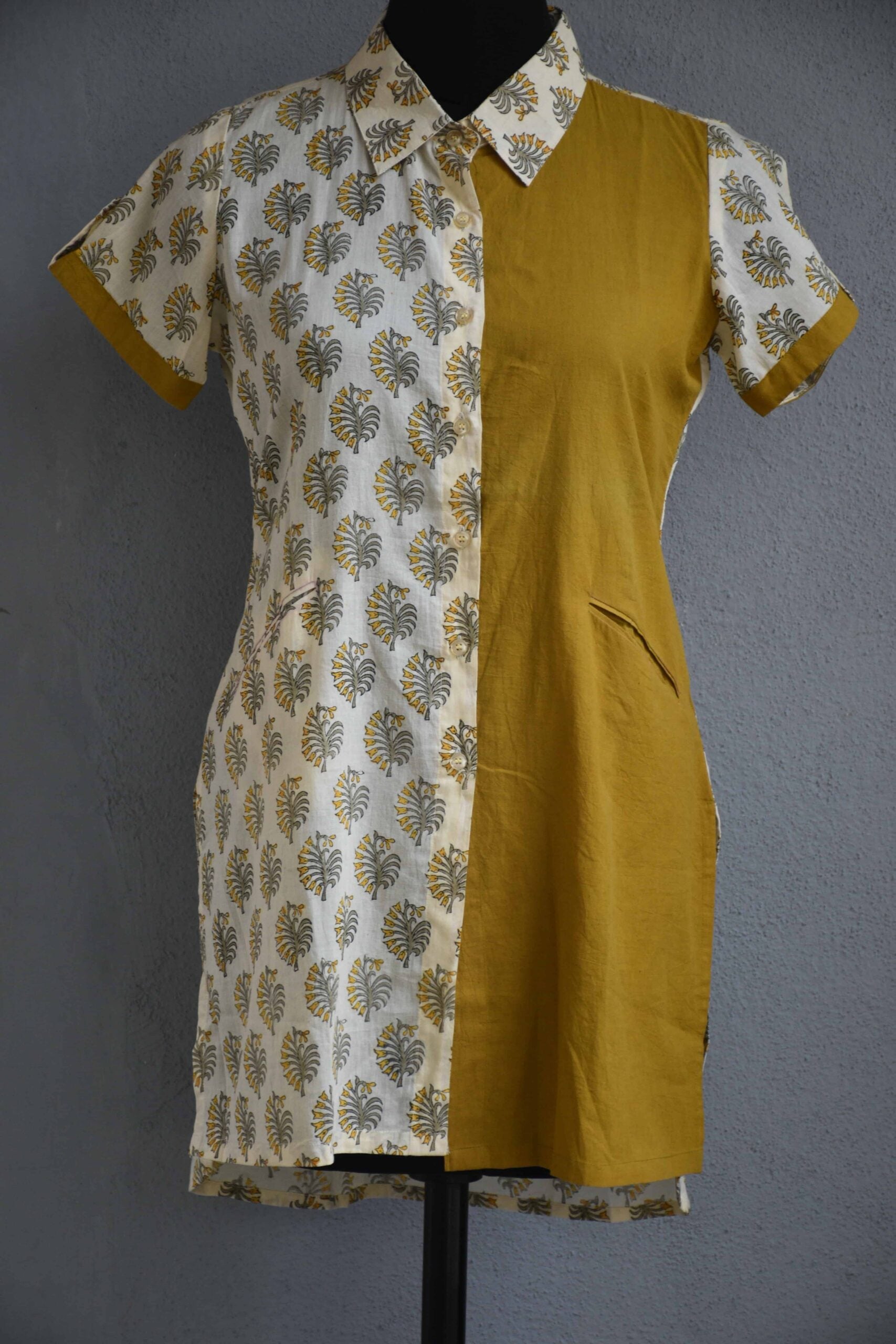 Cream printed with mustard half an half cotton short kurti scaled