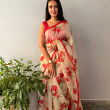Nisha Bloom Organza Saree - Beige