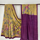Veena Floral Tussar Saree - Citron and Purple