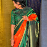 Mohana Kolam Kanchi Silk Saree - Orange and Green